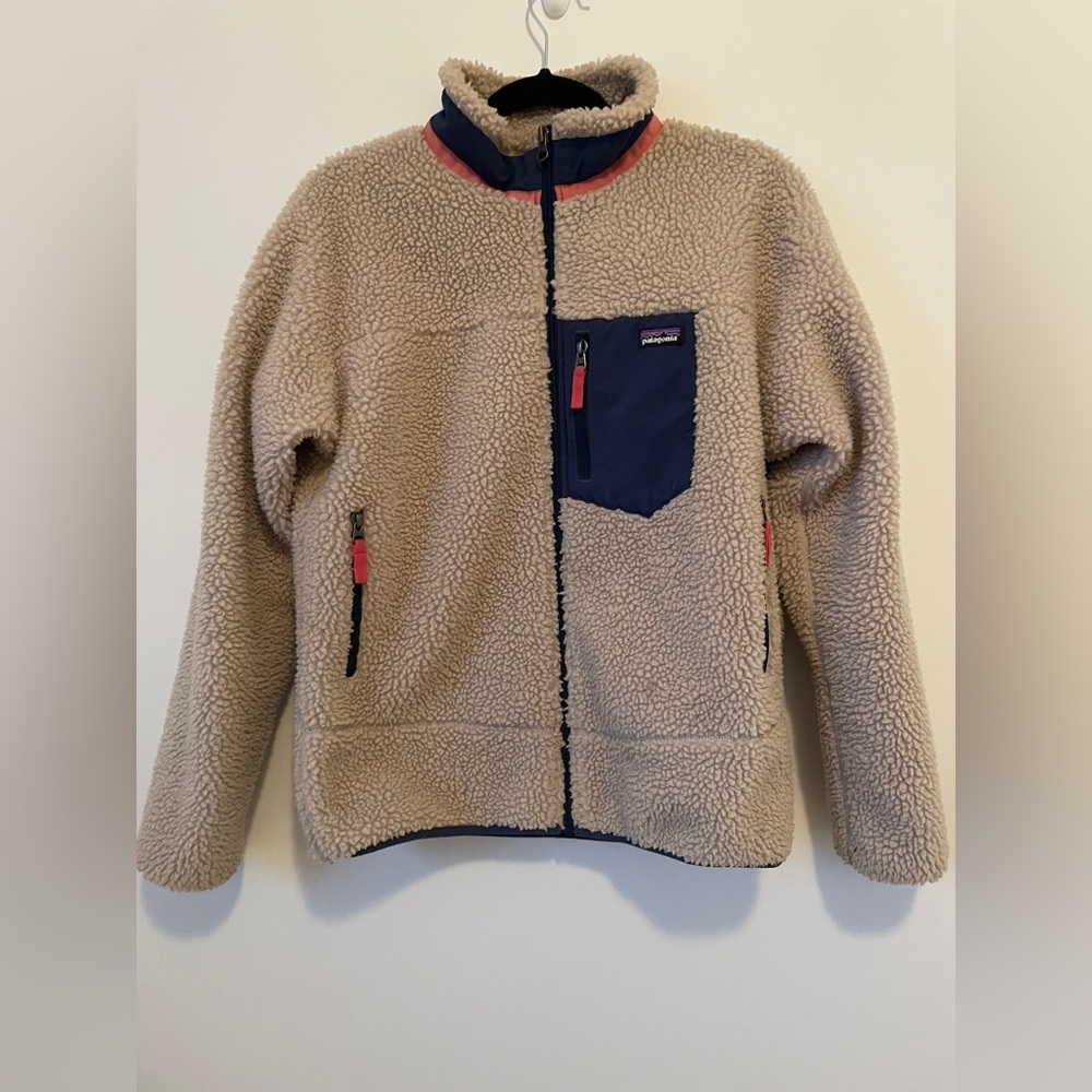 Patagonia Beige Sherpa Jacket with Navy Chest Pocket and Red Trim